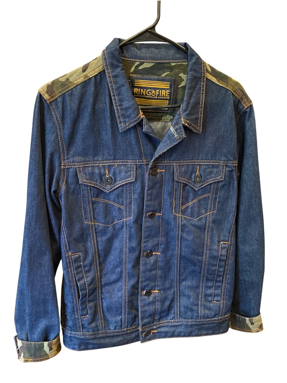 Ring of Fire Men's Dark Blue Denim Jacket with Camouflage Trim